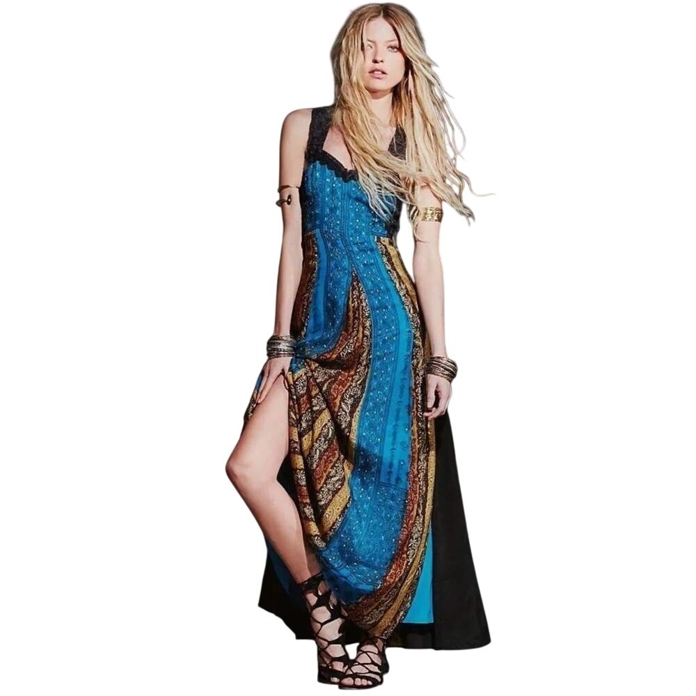 NWT Free People Maxi Dress M Teal Gold Bohemian Lace Trim Open Back
